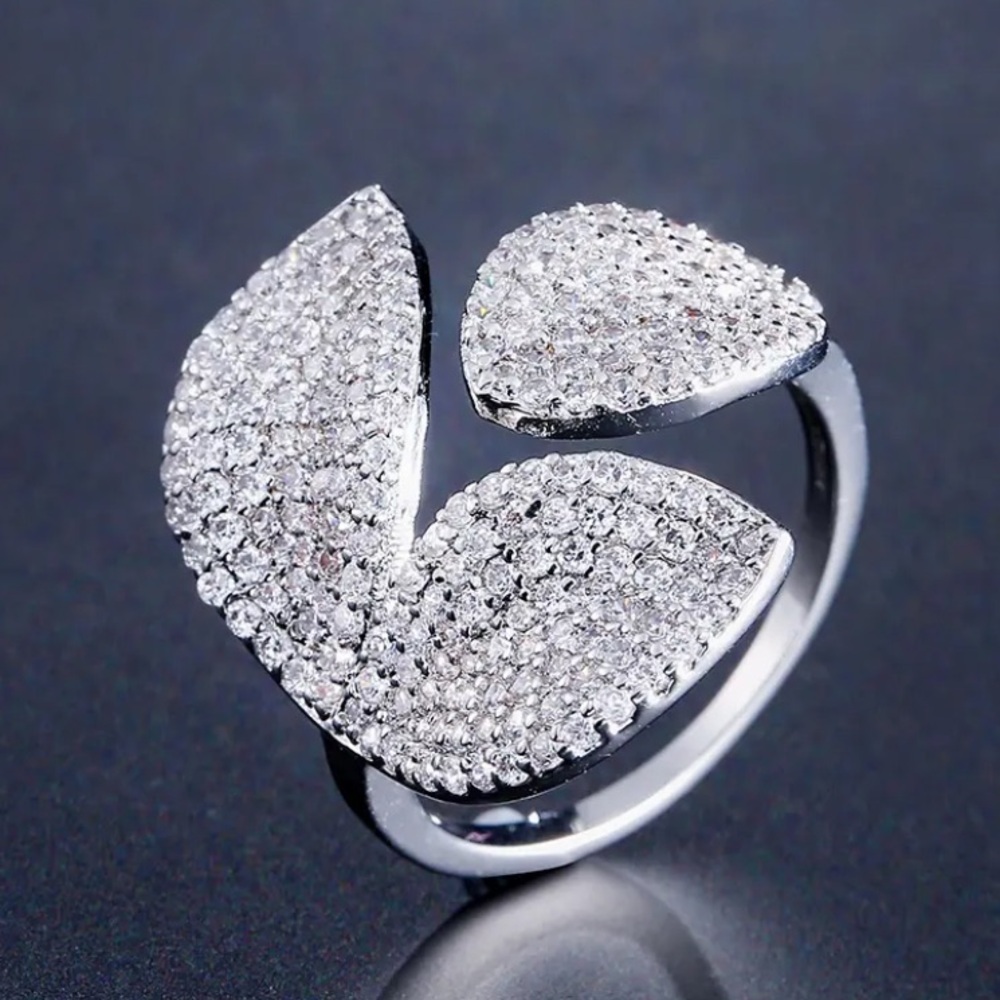 Silver Three Leaf Clover Zircon Ring